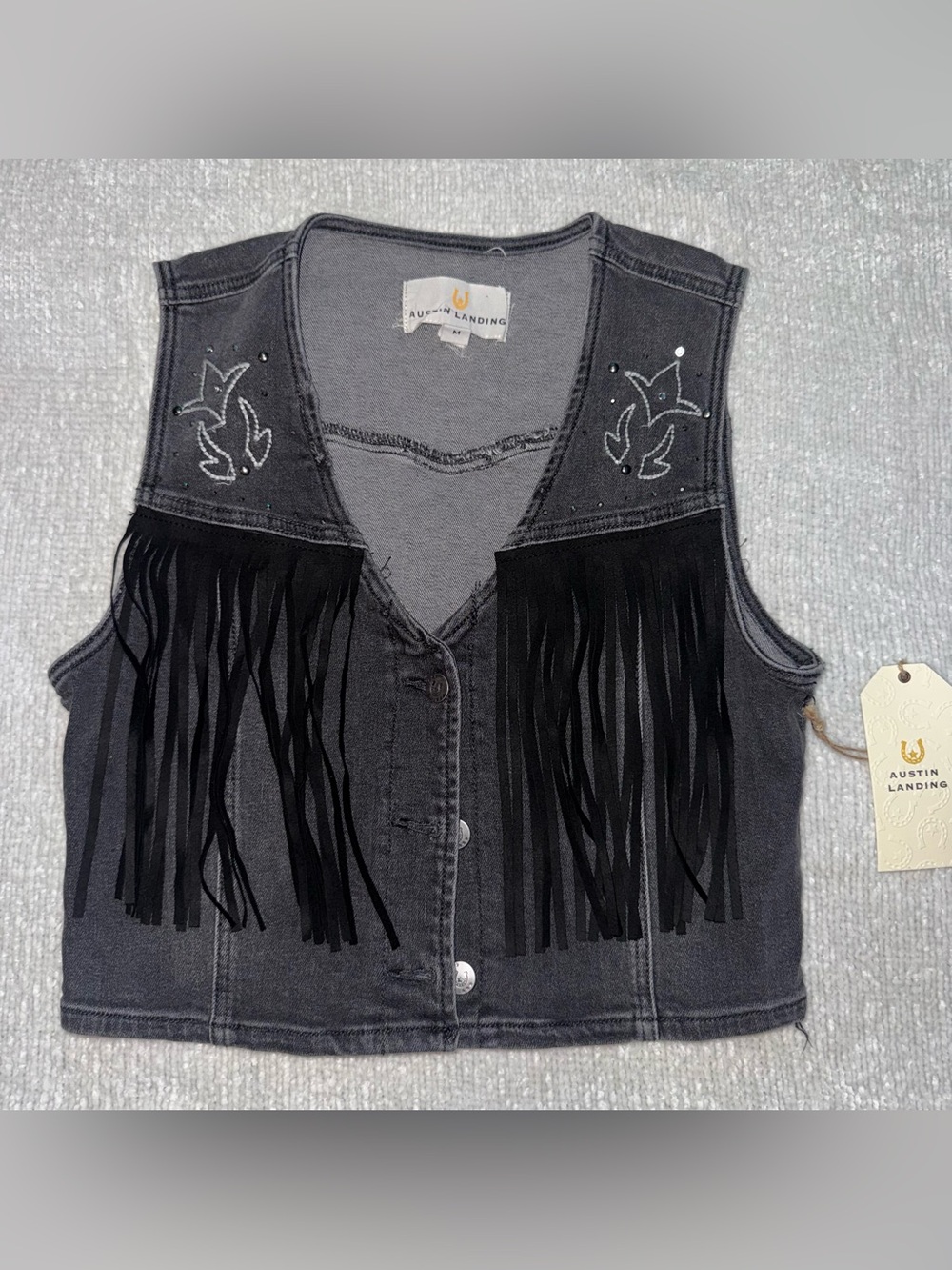 Austin landing black denim fringe western vest Size M NWT